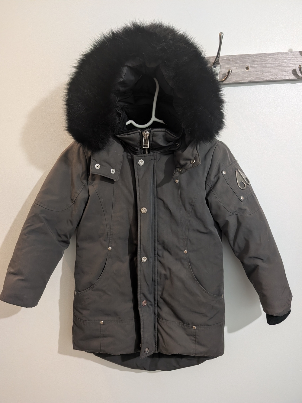 Moose Knuckles Kids Dark Grey Parka with Black Fur Trim